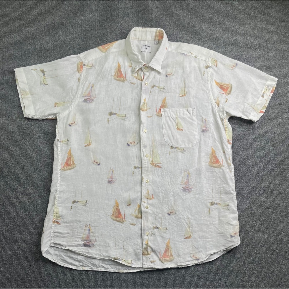Gitman Bros Shirt Mens L White Linen Sailboat Print Short Sleeve Trim Fit USA
